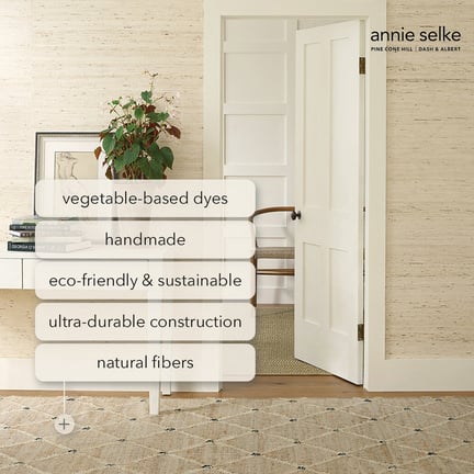 Annie Selke ad design highlighting the materials and construction of a woven rug